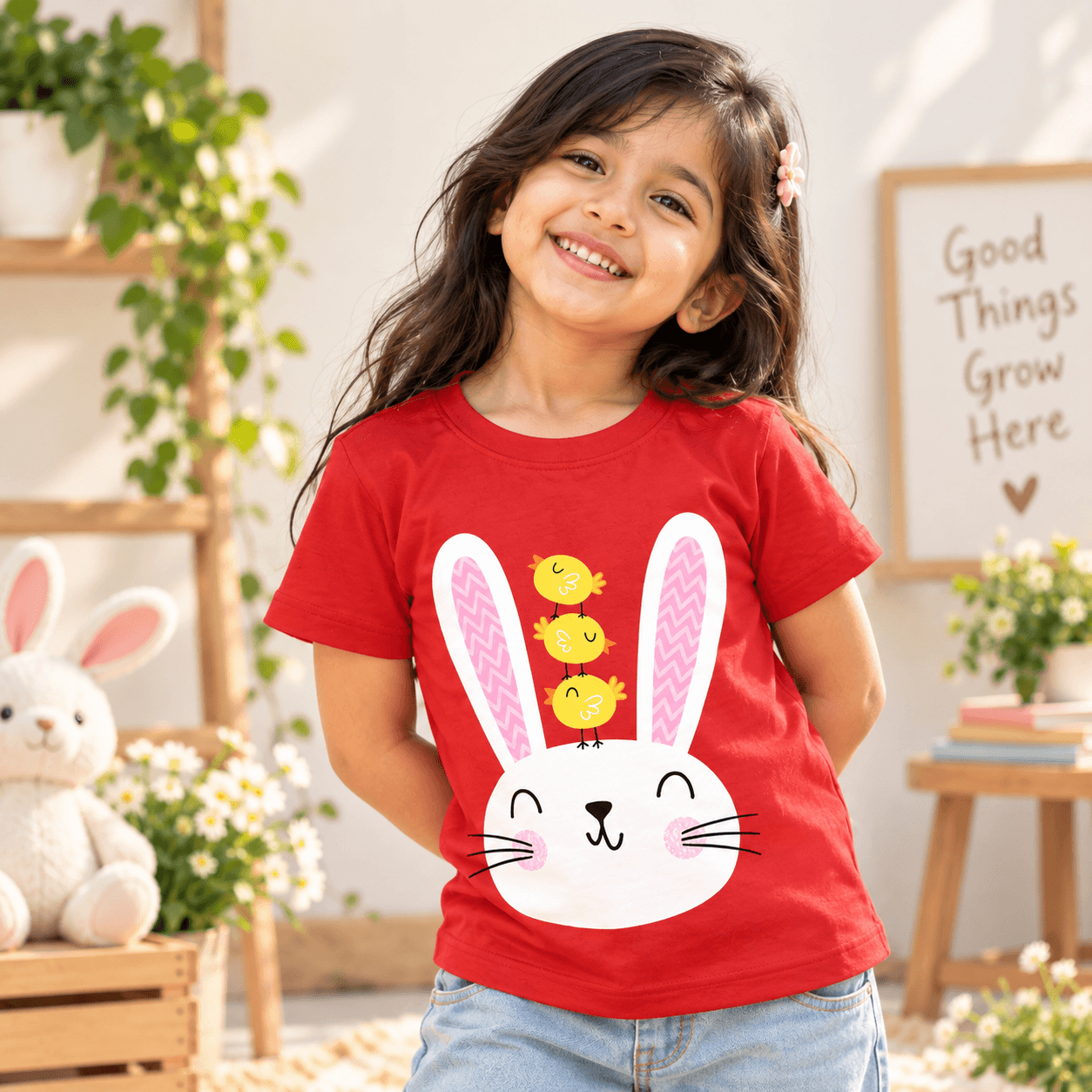 Girl wearing a red Charm and Chic bunny graphic t-shirt